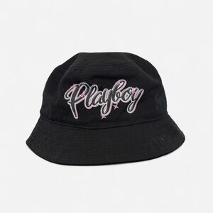 Unisex Black Playboy bucket hat with pink logo
